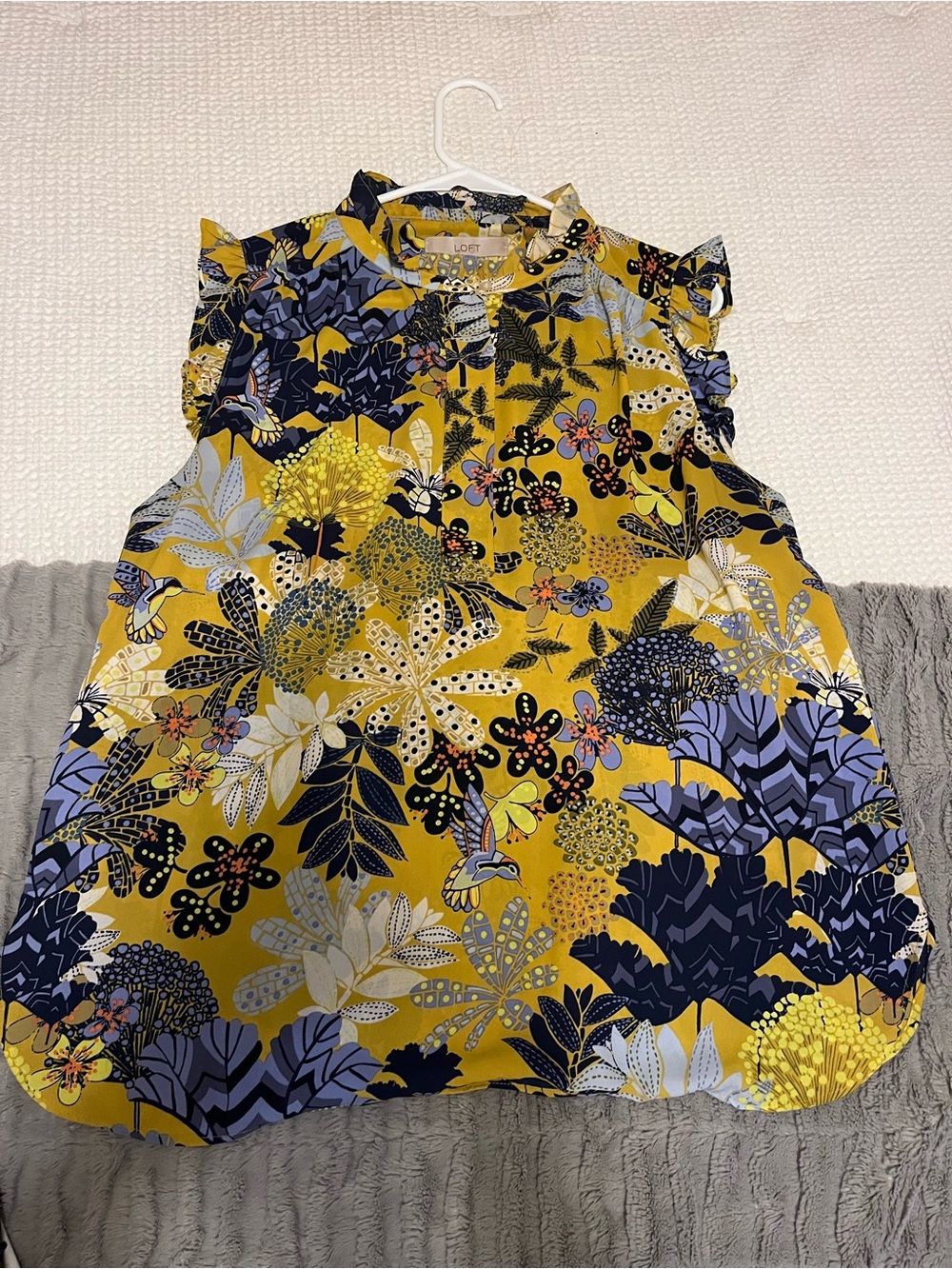 LOFT Yellow Floral Ruffle Shell Top with Navy and Lavender Accents
